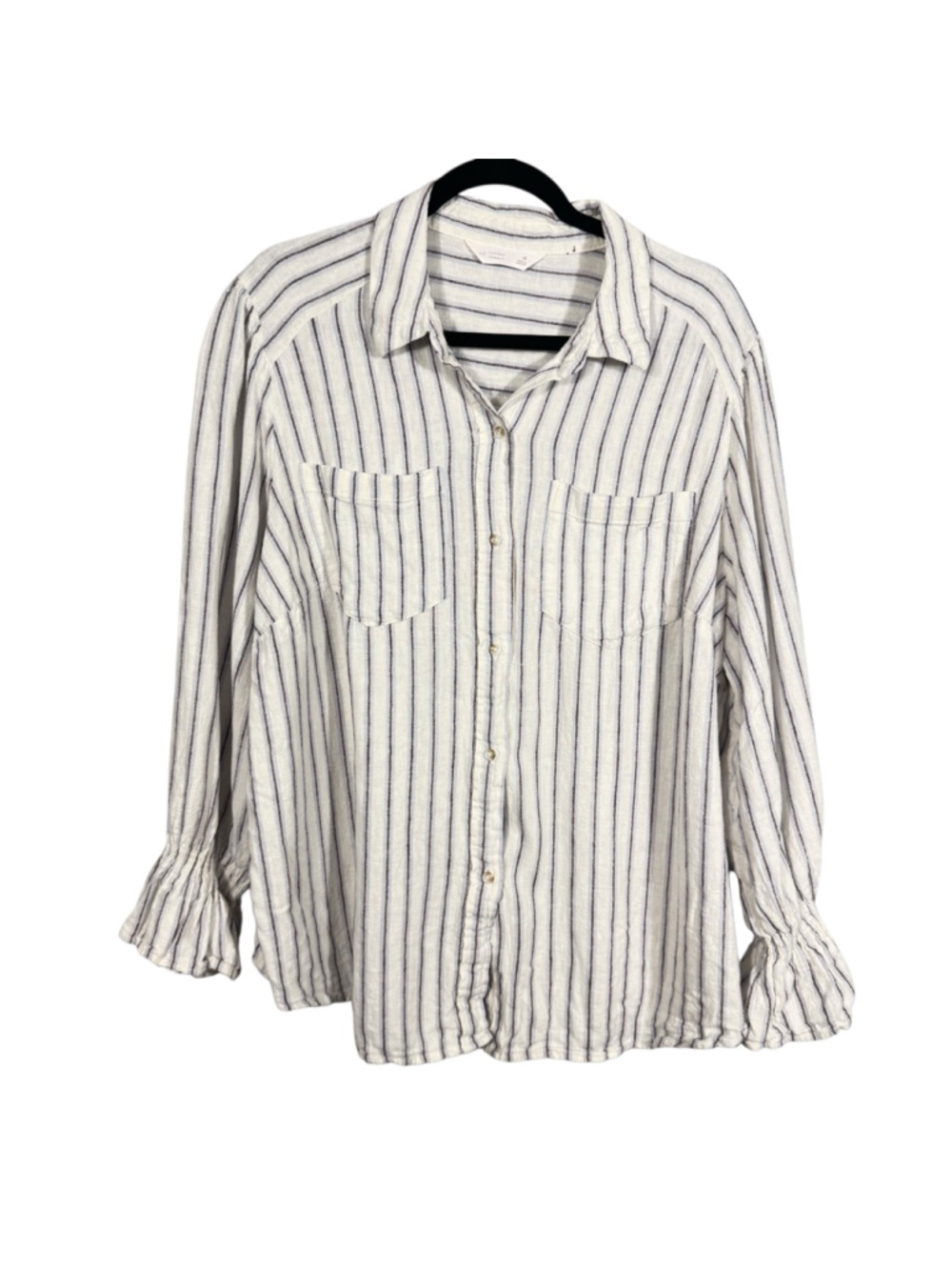 Size 1X Plus LC Lauren Conrad Button Down blue brown Striped ruffle sleeve top